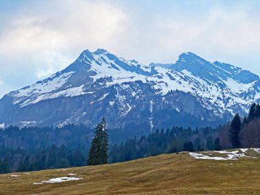Karla kaplı alp tepeleri Turner (2069 m) ve Diethelm (2093 m) Alp Gölü Wagitalersee (ya da Waegitalersee), Innerthal - Schwyz Kantonu, İsviçre (Schweiz)