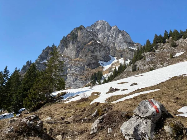 Bergbeklimmerborden Markeringen Rond Het Stuwmeer Klontalersee Kloentalersee Klontaler Meer Hellingen — Stockfoto