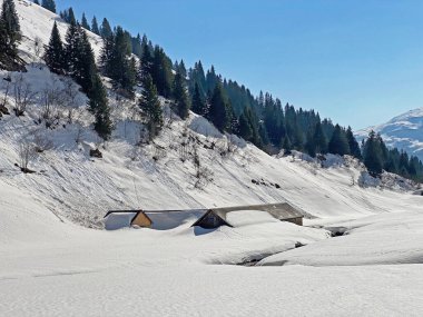 Dağ kulübeleri (chalets) veya çiftlik evleri ve Klontal Alp Vadisi 'ndeki eski ahşap sığır evleri (veya Kloental) ve Klontalersee Glarus Kantonu (Kloentalersee) - İsviçre / Schweiz Kantonu