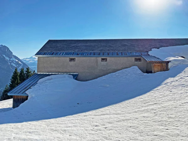 Berghutten Chalets Boerderijen Oude Houten Runderhuizen Het Alpendal Van Klontal — Stockfoto