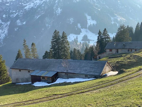 山岳小屋 シャレー または農家や古い木造の牛小屋Klontal またはKloental の高山渓谷とリセビア湖Klontalersee KloentalerseeまたはKlontaler湖 グラス スイス スイスのカントン — ストック写真