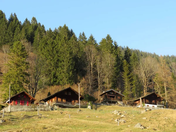 농장이나 주택들이 산골짜기에 지대의 탈레르 롱탈러 캔톤의 라루스 스위스 바이츠 — 스톡 사진