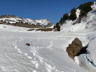 Glarus Alpleri dağ kitlesinin dağlık vadilerinde ve buzlu tepelerinde muhteşem kış yürüyüşü patikaları ve izler - Glarus Kantonu, İsviçre (Schweiz)
