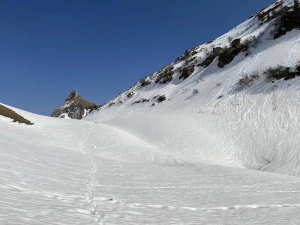 Glarus Alpleri dağ kitlesinin dağlık vadilerinde ve buzlu tepelerinde muhteşem kış yürüyüşü patikaları ve izler - Glarus Kantonu, İsviçre (Schweiz)