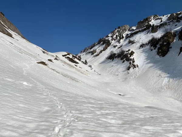 Meravigliosi Sentieri Escursionistici Invernali Tracce Nelle Valli Alpine Cime Ghiacciate — Foto Stock