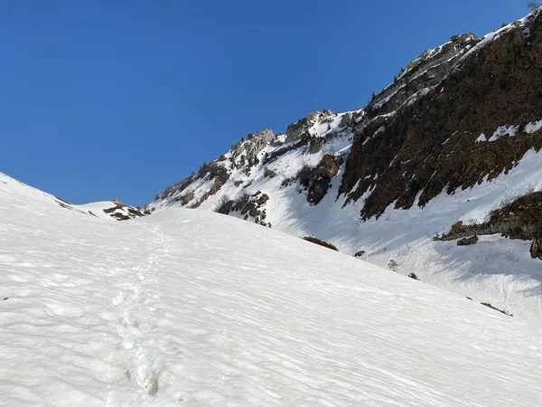 Nádherné Zimní Turistické Stezky Stezky Alpských Údolích Ledových Štítech Horského — Stock fotografie