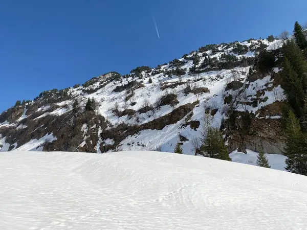 알프스 산맥에 눈덮인 봉우리 Chaemmlenen Chaemmlenen 호수와 알프스 Canton Glarus — 스톡 사진