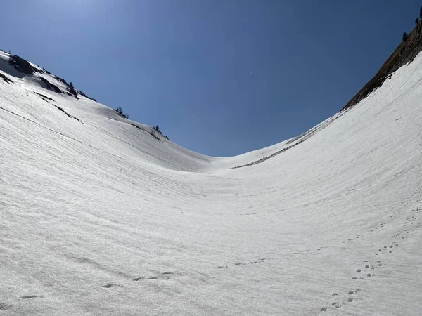 Eriyen kar örtüsü ve Alp Dağları 'ndaki Seeboden Vadisi' ndeki bahar erken dönemlerinde Glarnerland Turizm Bölgesi - Glarus Kantonu, İsviçre / Schweiz