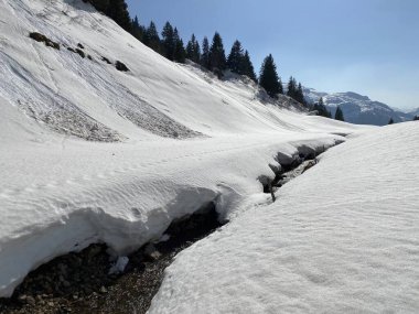 Glarus Alpleri dağ kütlesi İsviçre / Schweiz 'deki Kloentalersee Gölü (Kloentalersee veya Klontaler Gölü) üzerinde toplanan Sulzbach deresi boyunca eriyen karla ilkbahar atmosferi