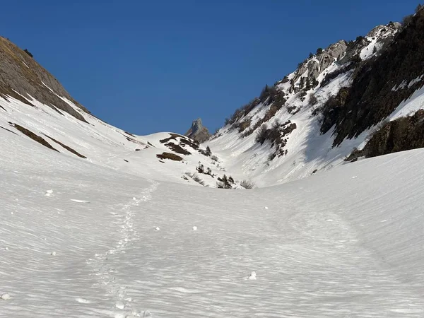 Schmelzende Schneedecke Und Frühlingshaftes Ambiente Alpental Lochboden Und Tal Des — Stockfoto