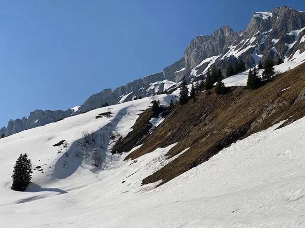 シュヴィーツ山脈のロッキー ピーク ミューテリストック 2295メートル とラーダーテンストック 2294メートル ワギタラーシー貯水池湖 ワギタラーシー湖 グラス スイス — ストック写真