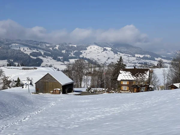 新鮮な白い雪のカバー ネスラウ州の冬の雰囲気の中で伝統的なスイスの建築と木造の高山の家 Obertoggenburg スイス スイス — ストック写真