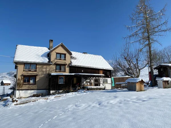 Architecture Traditionnelle Suisse Maisons Alpines Bois Dans Ambiance Hivernale Neige — Photo