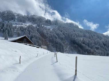 Obertoggenburg Vadisi 'nin yukarısındaki kırsal dağlık yol boyunca ve Alpstein dağ sırasının yamaçlarında - Nesslau, İsviçre (Schweiz)