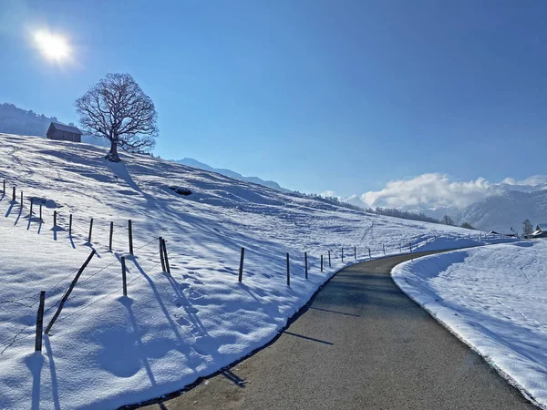 Obertoggenburg Vadisi 'nin yukarısındaki kırsal dağlık yol boyunca ve Alpstein dağ sırasının yamaçlarında - Nesslau, İsviçre (Schweiz)