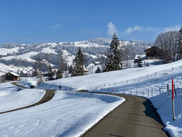 Obertoggenburg Vadisi 'nin yukarısındaki kırsal dağlık yol boyunca ve Alpstein dağ sırasının yamaçlarında - Nesslau, İsviçre (Schweiz)