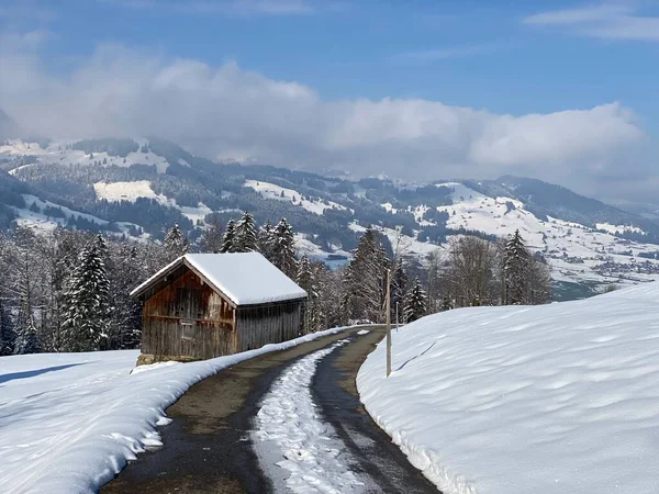 オベルトッゲンブルク渓谷の上の山岳地帯やアルプシュタイン山脈の斜面に沿って冬の雪が積もっています スイス ネスラウ スイス — ストック写真