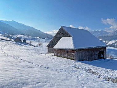 İsviçre çayırlarındaki yerli dağ kulübeleri ve ahşap ahırlar taze beyaz kar örtüsüyle kaplıdır, Nesslau - Obertoggenburg, İsviçre (Schweiz)