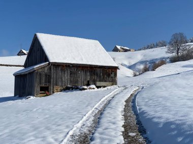 İsviçre çayırlarındaki yerli dağ kulübeleri ve ahşap ahırlar taze beyaz kar örtüsüyle kaplıdır, Nesslau - Obertoggenburg, İsviçre (Schweiz)