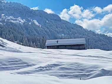 İsviçre çayırlarındaki yerli dağ kulübeleri ve ahşap ahırlar taze beyaz kar örtüsüyle kaplıdır, Nesslau - Obertoggenburg, İsviçre (Schweiz)
