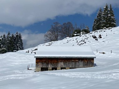 İsviçre çayırlarındaki yerli dağ kulübeleri ve ahşap ahırlar taze beyaz kar örtüsüyle kaplıdır, Nesslau - Obertoggenburg, İsviçre (Schweiz)