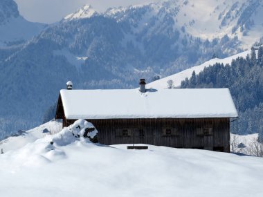 İsviçre çayırlarındaki yerli dağ kulübeleri ve ahşap ahırlar taze beyaz kar örtüsüyle kaplıdır, Nesslau - Obertoggenburg, İsviçre (Schweiz)