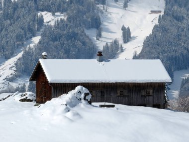 İsviçre çayırlarındaki yerli dağ kulübeleri ve ahşap ahırlar taze beyaz kar örtüsüyle kaplıdır, Nesslau - Obertoggenburg, İsviçre (Schweiz)