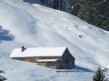 İsviçre çayırlarındaki yerli dağ kulübeleri ve ahşap ahırlar taze beyaz kar örtüsüyle kaplıdır, Nesslau - Obertoggenburg, İsviçre (Schweiz)