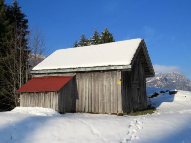 İsviçre çayırlarındaki yerli dağ kulübeleri ve ahşap ahırlar taze beyaz kar örtüsüyle kaplıdır, Nesslau - Obertoggenburg, İsviçre (Schweiz)