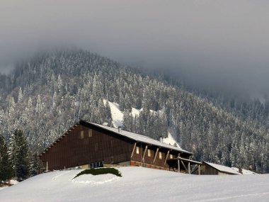 İsviçre çayırlarındaki yerli dağ kulübeleri ve ahşap ahırlar taze beyaz kar örtüsüyle kaplıdır, Nesslau - Obertoggenburg, İsviçre (Schweiz)