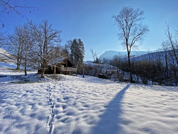 Původní Alpské Chaty Dřevěné Stáje Švýcarských Pastvinách Pokryté Čerstvě Bílou — Stock fotografie