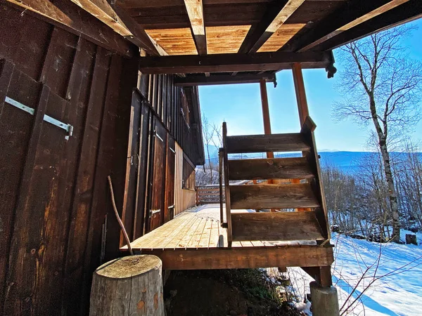 Indigenous Alpine Huts Wooden Cattle Stables Swiss Pastures Covered Fresh — Stock Photo, Image