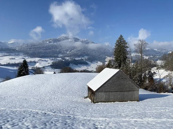 Rifugi Alpini Indigeni Stalle Legno Pascoli Svizzeri Coperti Neve Fresca — Foto Stock