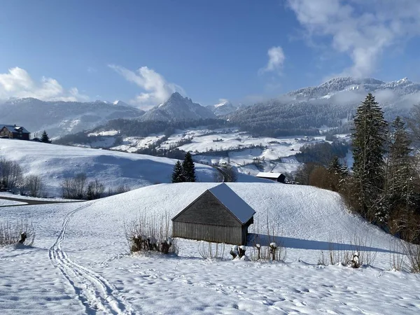 Původní Alpské Chaty Dřevěné Stáje Švýcarských Pastvinách Pokryté Čerstvě Bílou — Stock fotografie