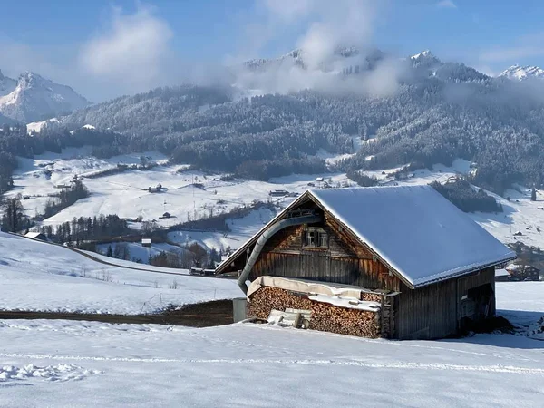 スイスの牧草地に新鮮な白い雪に覆われた先住民の高山の小屋と木製の牛の厩舎 Nesslau Obertoggenburg スイス スイス — ストック写真