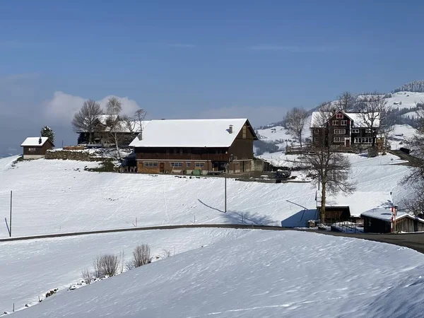 İsviçre çayırlarındaki yerli dağ kulübeleri ve ahşap ahırlar taze beyaz kar örtüsüyle kaplıdır, Nesslau - Obertoggenburg, İsviçre (Schweiz)