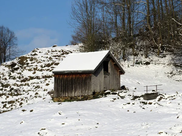 Indigenous Alpine Huts Wooden Cattle Stables Swiss Pastures Covered Fresh — Stock Photo, Image