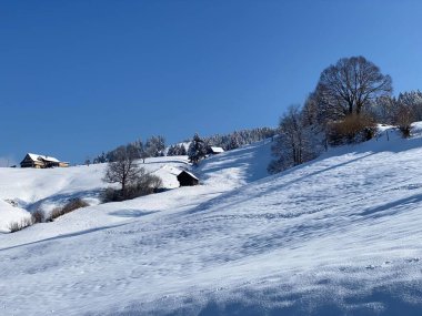 Alpstein ve Churfirsten dağ kitleleri, Nesslau - Obertoggenburg bölgesi, İsviçre / Schweiz arasındaki Thur nehir vadisinde (veya Thurtal) kar yağışı görülür.