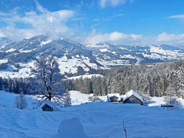Alpstein ve Churfirsten dağ kitleleri, Nesslau - Obertoggenburg bölgesi, İsviçre / Schweiz arasındaki Thur nehir vadisinde (veya Thurtal) kar yağışı görülür.