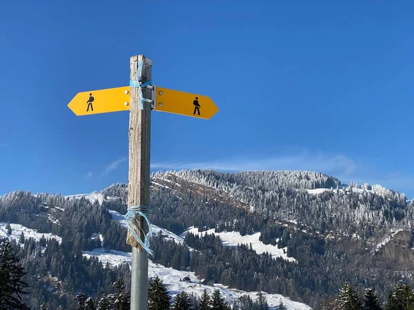 Hiking markings and orientation signs with signposts for navigating in the idyllic winter ambience on the Alpstein mountain massif and in the Swiss Alps - Nesslau, Switzerland / Schweiz