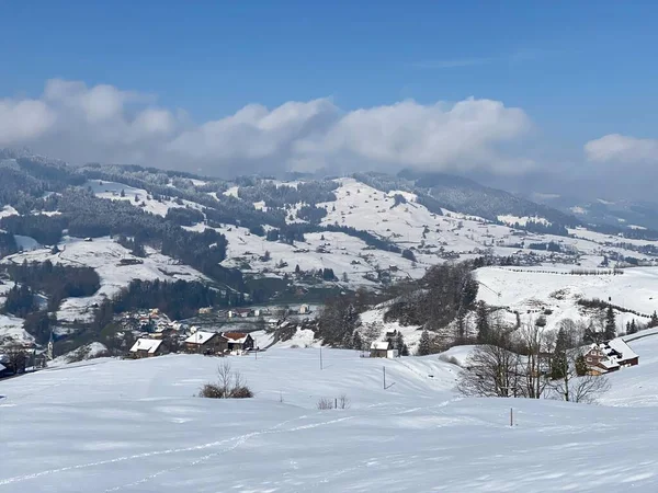 アルプシュタイン山とチュルファーテン山塊の間のサウル川渓谷 またはツュルタル の冬の雪のアイドル ネスラウ オーバートッゲンブルク地域 スイス スイス — ストック写真