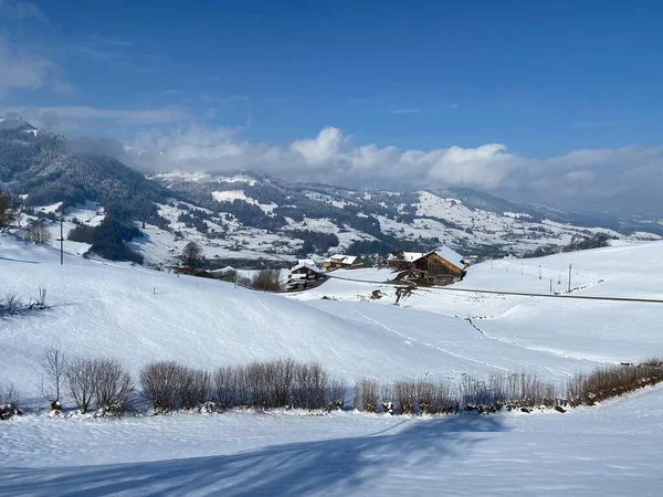 Nesslau Obertoggenburg地区Alpstein和Churfirsten山区地块之间的图尔河流域 或图尔塔尔 冬季雪地 — 图库照片