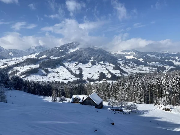 Alpstein ve Churfirsten dağ kitleleri, Nesslau - Obertoggenburg bölgesi, İsviçre / Schweiz arasındaki Thur nehir vadisinde (veya Thurtal) kar yağışı görülür.