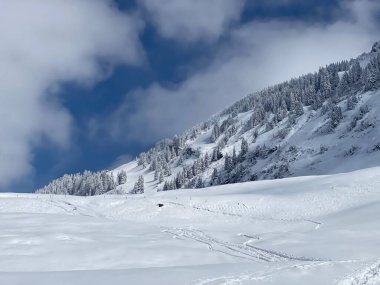 Obertoggenburg bölgesindeki Alpstein kalabalığının tepeleri ve dağlardan oluşan gerçekçi olmayan karlı kış manzaralı doğal bir peri masalı - Nesslau, İsviçre / Schweiz
