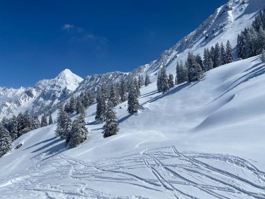 Obertoggenburg bölgesindeki Alpstein kalabalığının tepeleri ve dağlardan oluşan gerçekçi olmayan karlı kış manzaralı doğal bir peri masalı - Nesslau, İsviçre / Schweiz