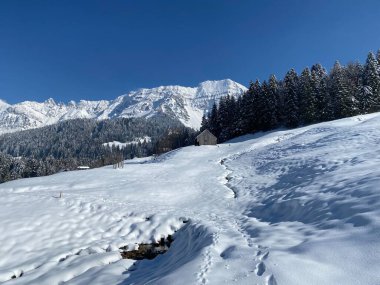 Obertoggenburg bölgesindeki Alpstein kalabalığının tepeleri ve dağlardan oluşan gerçekçi olmayan karlı kış manzaralı doğal bir peri masalı - Nesslau, İsviçre / Schweiz