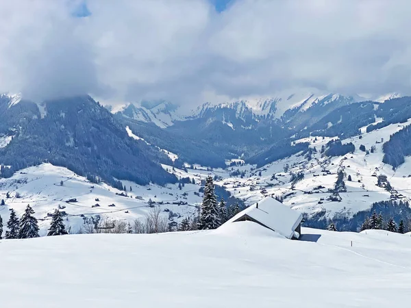 Piękna Zimowa Atmosfera Alpejskiej Dolinie Strumienia Lutheren Podnóża Pasma Górskiego — Zdjęcie stockowe