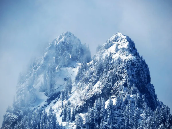 Fairytale Alpine Winter Atmosphere Snow Covered Coniferous Trees Mountain Peak — Fotografia de Stock