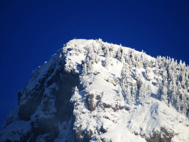 Peri masalı dağ atmosferi ve kar kaplı alp zirvesi Stockberg (1781 m) Alpstein dağ kütlesi, Nesslau - Obertoggenburg bölgesi, İsviçre (Schweiz)
