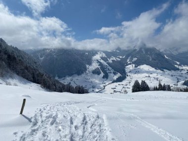 Alpstein dağlarının yamaçlarında ve İsviçre Alpleri 'nin taze dağlık kar örtüsünde, Nesslau - Obertoggenburg, İsviçre (Schweiz)